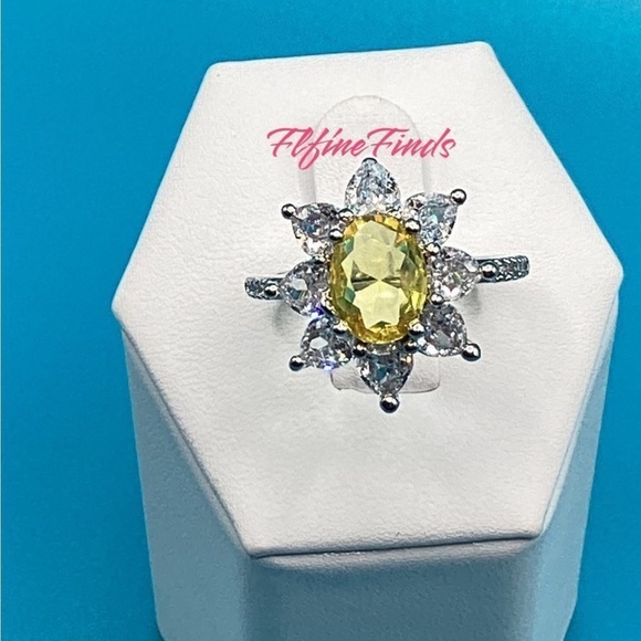 Sterling Silver Canary yellow Sunflower Cz Diamond Ring - Picture 3 of 13